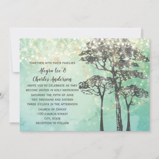 ミントグリーンフェアリーライトウッドジー結婚式招待状 招待状 (正面)