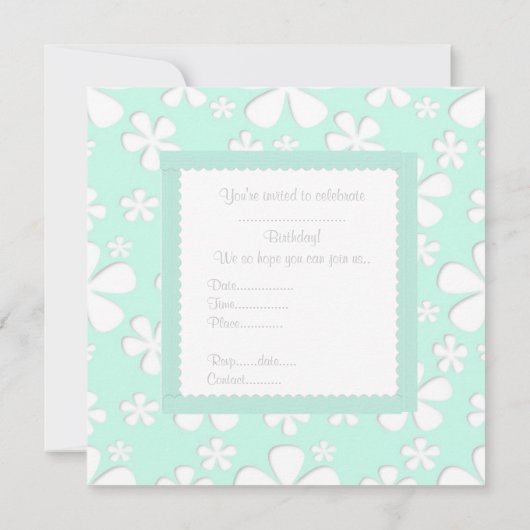 ミントグリーンフラワーズバースデーパーティーの招待 招待状 (裏面)