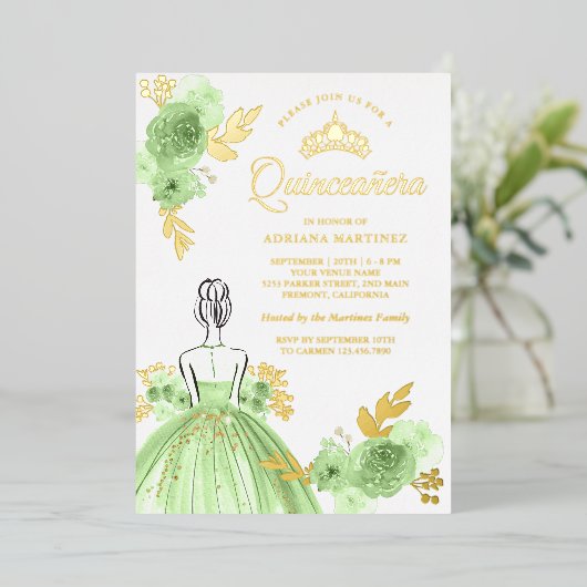 ミントグリーンフラワープリンスドレス クイーンセニョーラ ゴールド 箔招待状 (立ち正面)