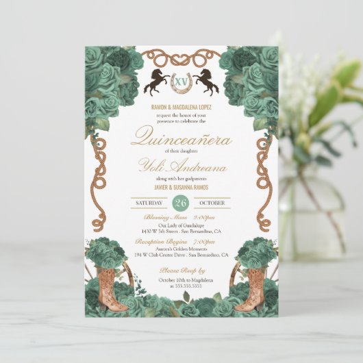 ミントグリーンフローラウエスタンシャーロランチキンセアニェラ 招待状 (スタンド正面)