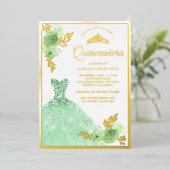 ミントグリーンフローラスパークルドレスキンセアニェラ金ゴールド 箔招待状 (立ち正面)