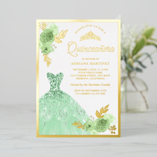 ミントグリーンフローラスパークルドレスキンセアニェラ金ゴールド 箔招待状 (立ち正面)