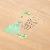 ミントグリーンフローラスパークルドレス金ゴールドキンセアニェラ アクリル招待状 (レイダウン)