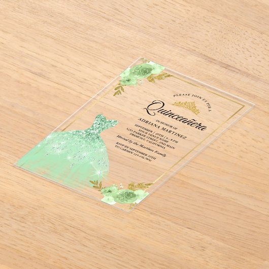 ミントグリーンフローラスパークルドレス金ゴールドキンセアニェラ アクリル招待状 (レイダウン)