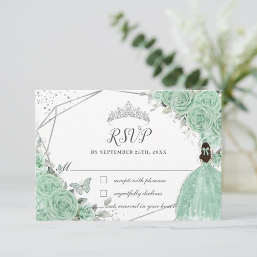 ミントグリーンフローラプリンセスガウンシルバーキンセアニラ 出欠カード (スタンド正面)
