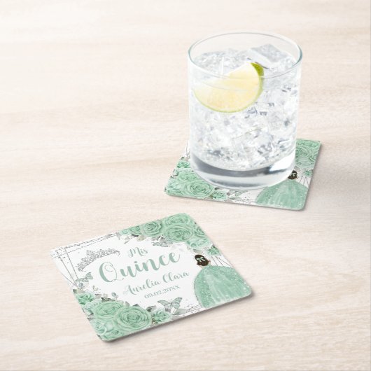 ミントグリーンフローラプリンセスシルバーキンセアニラ スクエアペーパーコースター (インサイチュ)