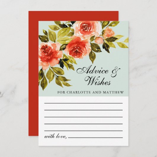 ミントグリーンフローラ水彩植物結婚の アドバイスカード (正面/裏面)