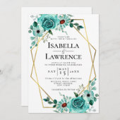 ミントグリーンフローラ金ゴールドフレームエレガントな結婚式 招待状 (正面/裏面)