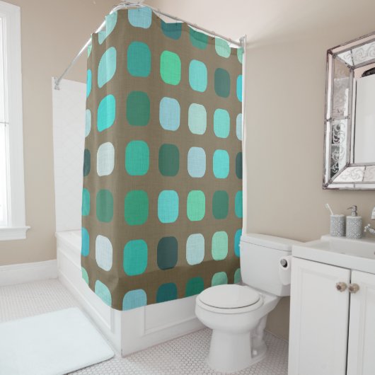 ミントグリーンブラウンレトロシックラウンドスクウェアパターン シャワーカーテン (インサイチュ)