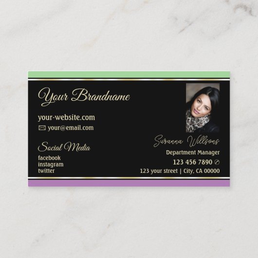 ミントグリーンブラックとラベンダーストライプのフォト付き 名刺 (裏面)