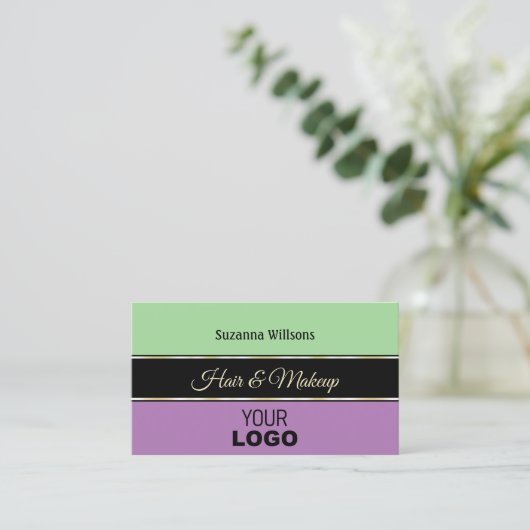 ミントグリーンブラックラベンダーストライプのロゴ付きモダン 名刺 (スタンド正面)