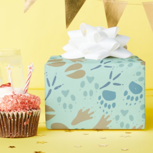 ミントグリーンブルーとカーメル動物トラックパターン ラッピングペーパー (誕生日パーティー)