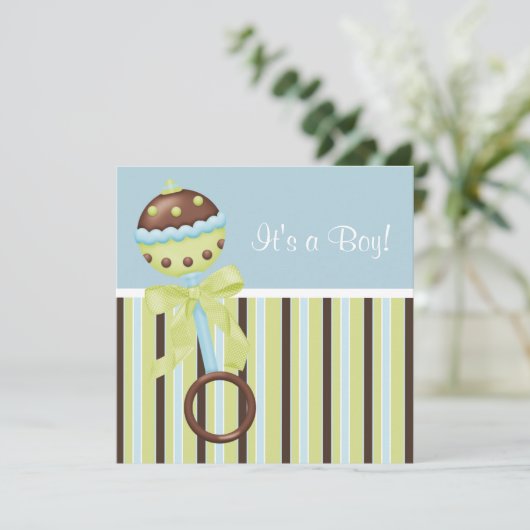ミントグリーンブルーブラウン男の赤ちゃんシャワー招待状 招待状 (スタンド正面)