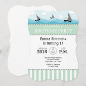 ミントグリーンブルー航海の誕生日招待状 招待状 (正面/裏面)