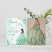 ミントグリーンプリンセスドレスキンセニェラ誕生日 サンキューカード (スタンド正面)