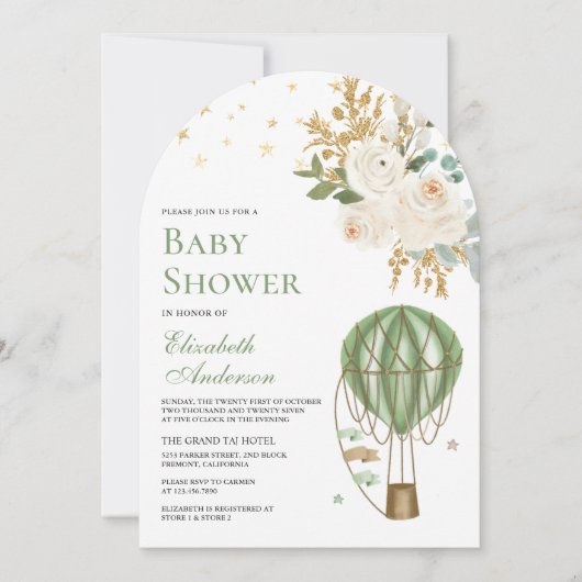 ミントグリーンホットエアバルーンアーチ赤ちゃんシャワー 招待状 (正面)