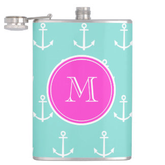 ミントグリーンホワイトいかり、ホットピンクモノグラム フラスク