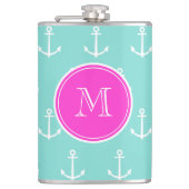 ミントグリーンホワイトいかり、ホットピンクモノグラム フラスク (正面)