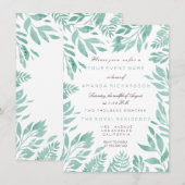 ミントグリーンホワイトグリッターリーフフローラフレーム 招待状 (正面/裏面)