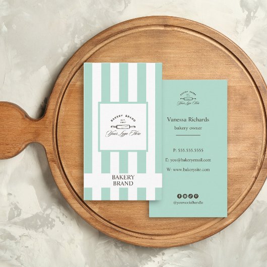ミントグリーンホワイトフランスのベーカリーロゴ大ストライプの形 名刺