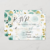 ミントグリーンホワイト金ゴールドバラウェディングRSVP エンクロージャーカード (正面/裏面)