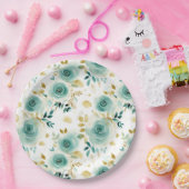 ミントグリーンホワイト金ゴールドバラフローラブライダルシャワー ペーパープレート (パーティー)