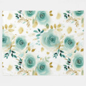 ミントグリーンホワイト金ゴールドバラフローラ フリースブランケット (正面(横))