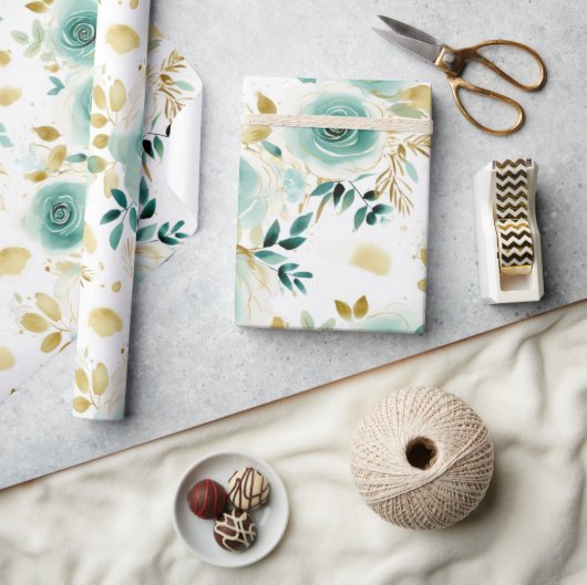 ミントグリーンホワイト金ゴールドバラフローラ ラッピングペーパー (クラフト)