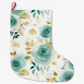 ミントグリーンホワイト金ゴールドバラフローラ ラージクリスマスストッキング (正面)