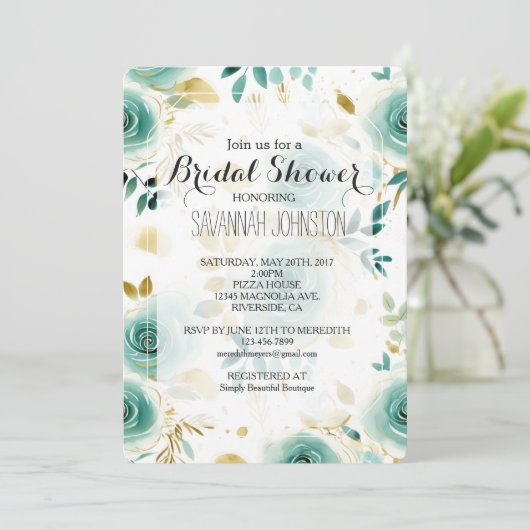 ミントグリーンホワイト金ゴールドバラブライダルシャワー 招待状 (スタンド正面)