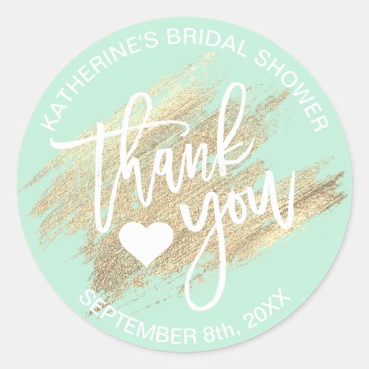ミントグリーンホワイト金ゴールドブラシストロークブライダルシャワー ラウンドシール (正面)