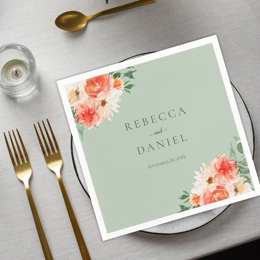 ミントグリーンボホオレンジワイルドフラワー結婚ズ スタンダードカクテルナプキン