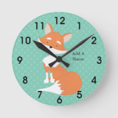 ミントグリーンポルカドット・ウッドランドキツネ・カスタム ラウンド壁時計 (正面)