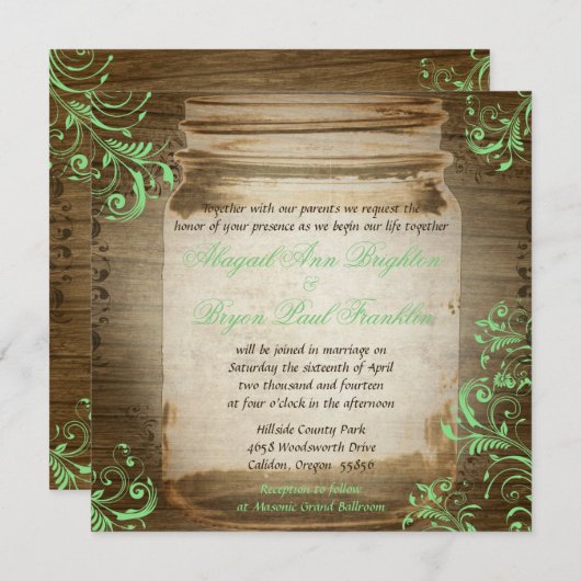 ミントグリーンメイソンジャーブンテージウェディング招待状 招待状 (正面/裏面)