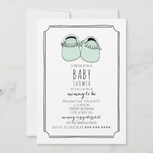 ミントグリーンモカシンズボホベビーシャワー 招待状 (正面)