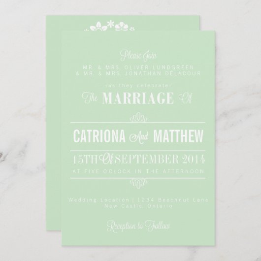 ミントグリーンモダンフローラ結婚式招待状 招待状 (正面/裏面)