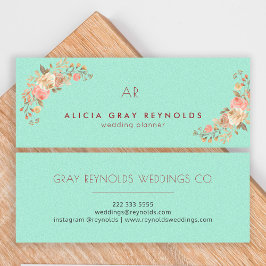 ミントグリーンモノグラムエレガントフローラウェディングプランナー スキニー名刺