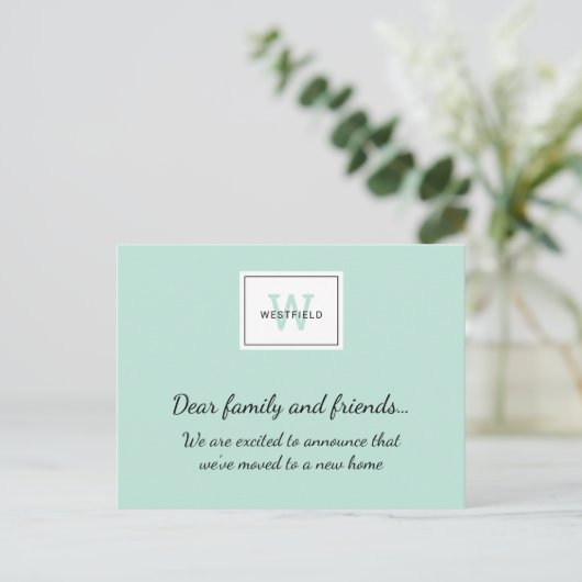 ミントグリーンモノグラムロゴ新しいホームムービング 案内ポストカード (スタンド正面)