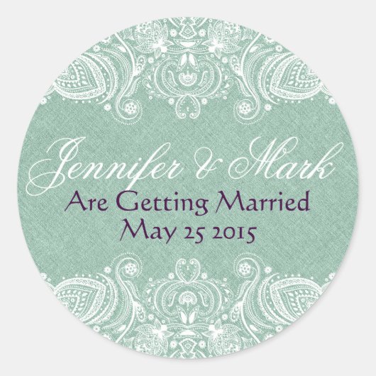 ミントグリーンリネンフェイクバーラップ&ホワイトペイズリーレース ラウンドシール (正面)