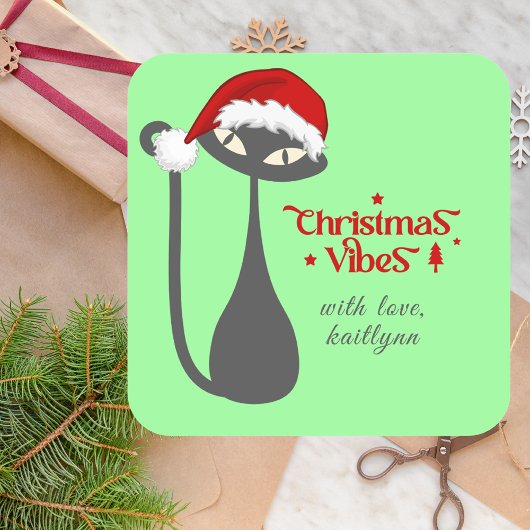 ミントグリーンレトロアトミックブラックキャットクリスマス スクエアシール