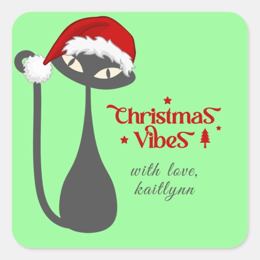 ミントグリーンレトロアトミックブラックキャットクリスマス スクエアシール (正面)