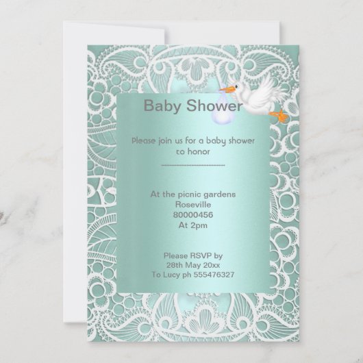ミントグリーンレースエレガント赤ちゃんシャワーストーク 招待状 (正面)