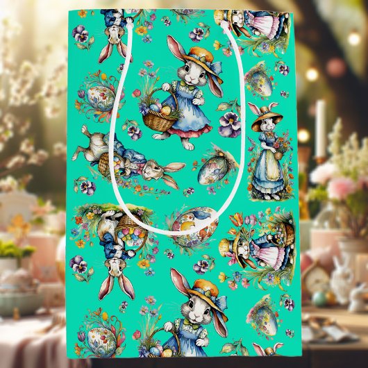 ミントグリーンヴィンテージウォーターカラーイースターバニーフローラ ミディアムペーパーバッグ