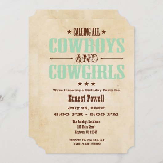 ミントグリーンヴィンテージカウボーイ誕生日招待状 招待状 (正面/裏面)