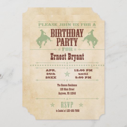 ミントグリーンヴィンテージカウボーイ誕生日招待状 招待状 (正面/裏面)