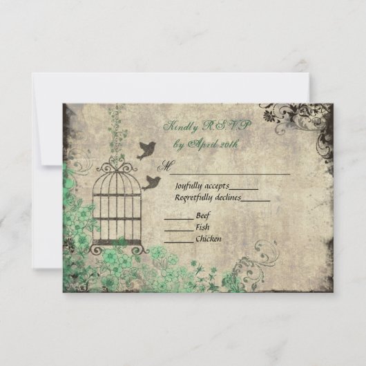 ミントグリーンヴィンテージ結婚バードケージのR.S.V.P.カード 出欠カード (正面)