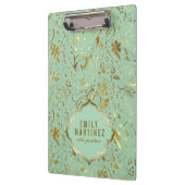 ミントグリーン及び金ゴールドフローラ織物パターン クリップボード (左)