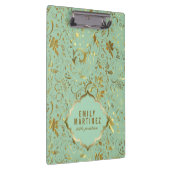 ミントグリーン及び金ゴールドフローラ織物パターン クリップボード (右)