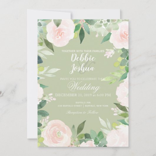 ミントグリーン多肉性フラワー結婚式招待状 招待状 (正面)