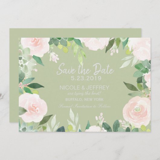 ミントグリーン多肉植物の花結婚式の日付を保存 セーブザデート (正面/裏面)